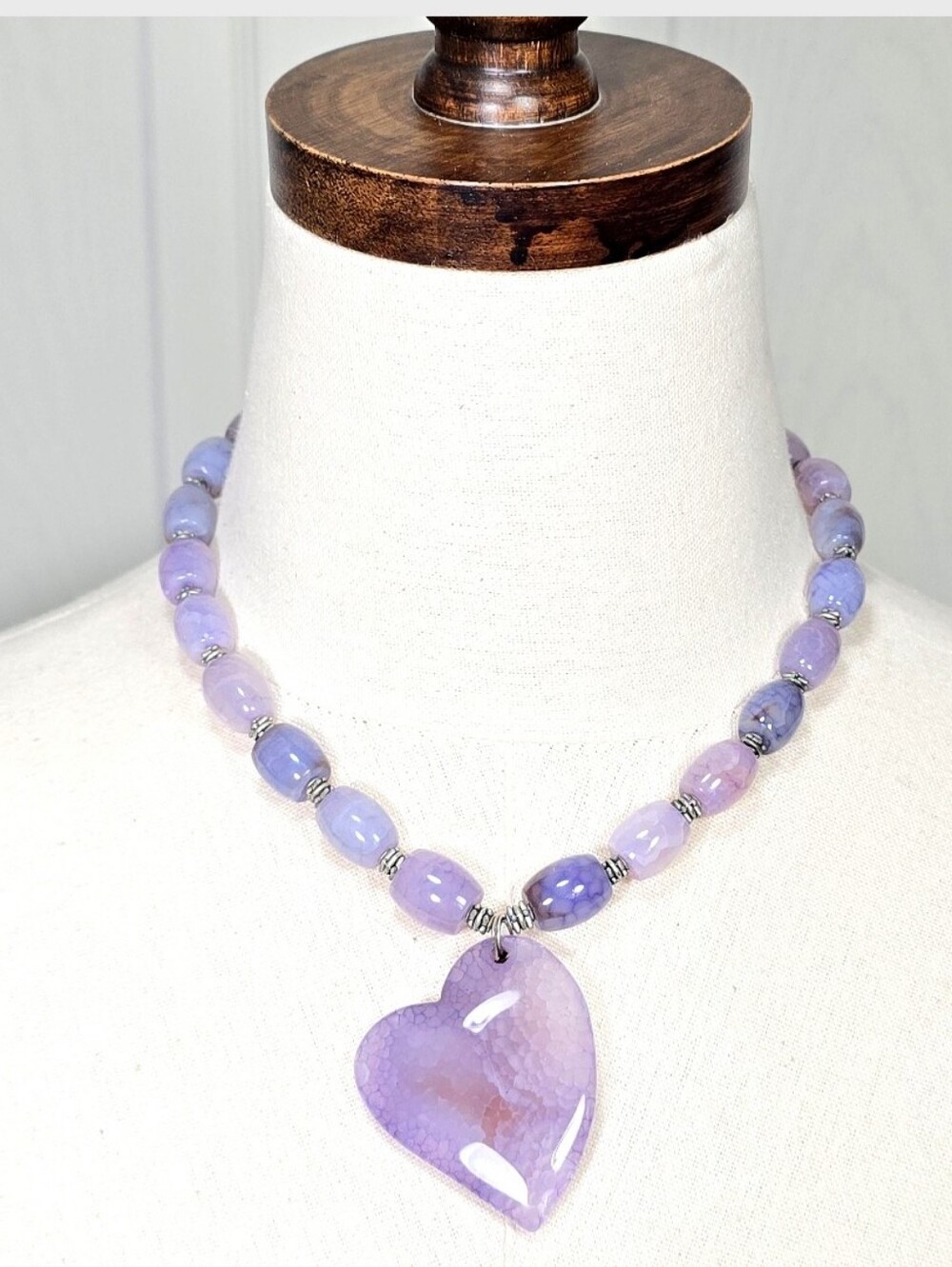 Purple Pink Dragon Vein Agate Necklace, Beautiful Heart Pendant, Crackled Agate